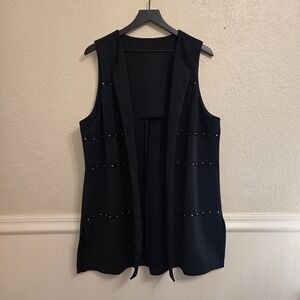 Chicos Long Vest‎ Black Gold Studded Open Front Cardigan Career Evening